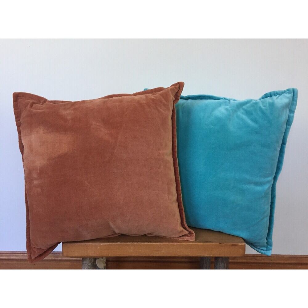 Pair Surya Velour Velvet Cotton Orange + Aqua Zip Up Square Throw Pillows 18x18"